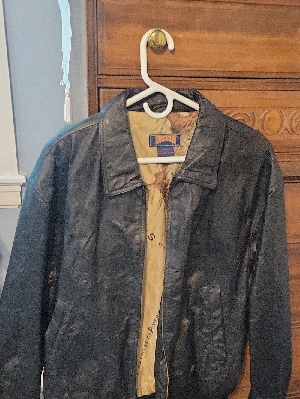 Men's Black Leather Bomber Jacket with Tan Quilted Lining